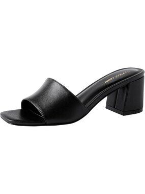 Women's Square Open Toe Heels Sandals Black Low Block Chunky Heel Slip On Mules